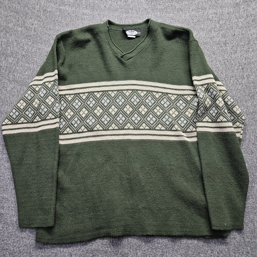 Vintage Jester Acrylic V Neck Sweater Green Diamond Pattern USA Large L - Picture 2 of 9